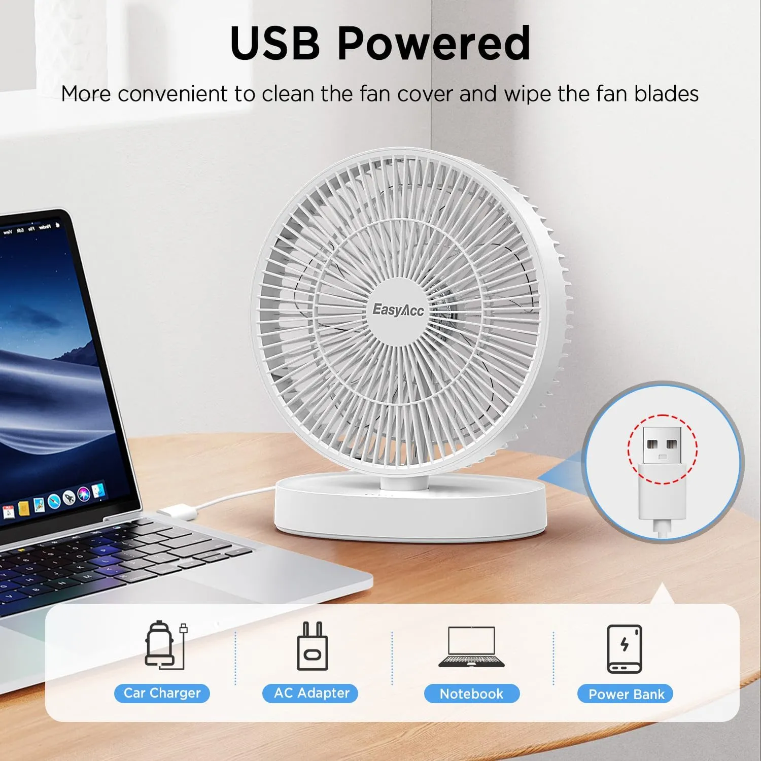 EasyAcc 11 Inch Large Desk Fan, USB Fan Air Circulator Fan Ultra Quiet 24 dB, IP67 waterproof, 5 Speeds, Timer, Energy Saving Table Fan, Adjustable Angle for Home, Office, Bedroom（USB - Powered）