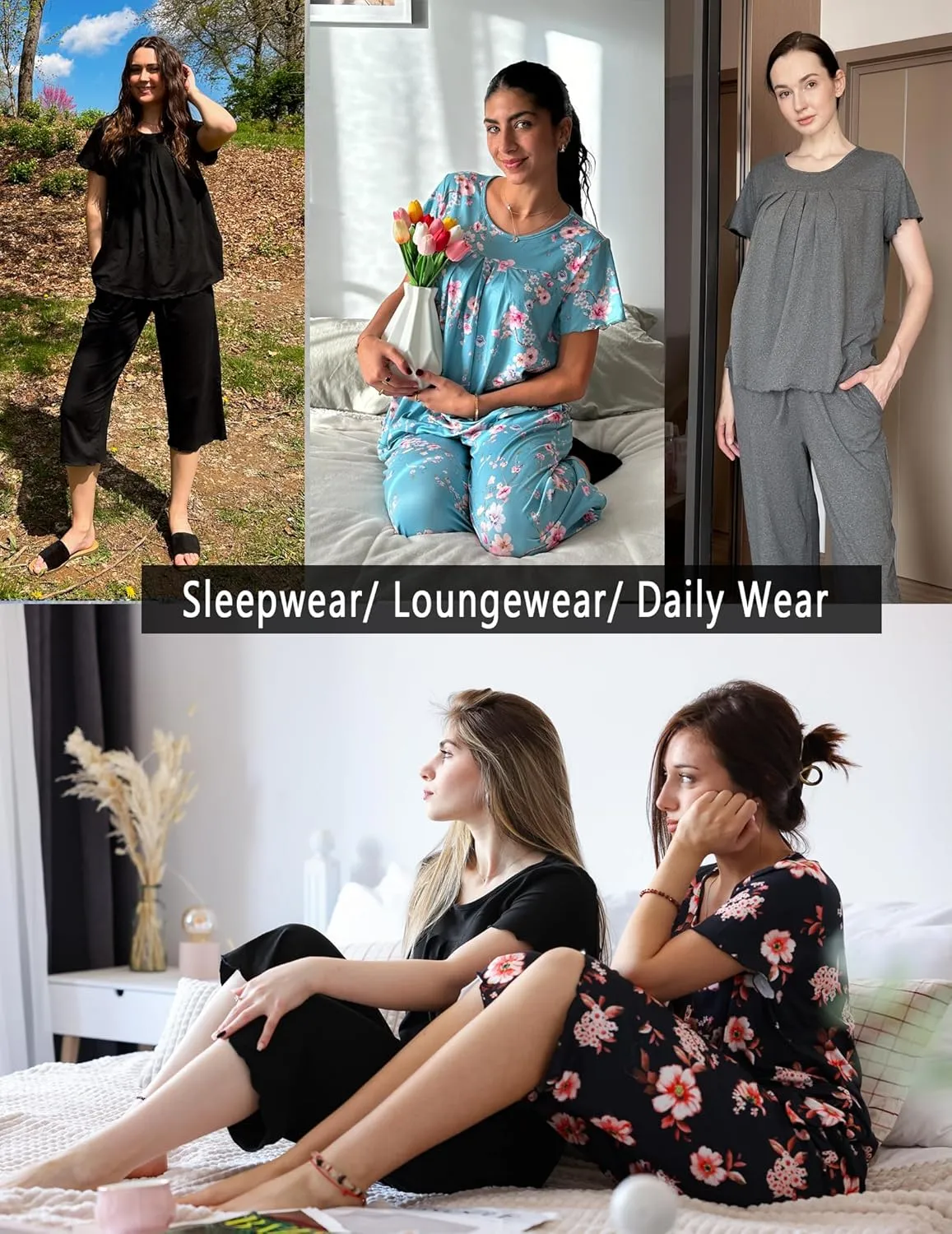 Ekouaer Pajama Set for Women 2 Piece Capri Pants Short Sleeve Top Sleepwear Soft Pjs Loungewear with Pockets S-3XL