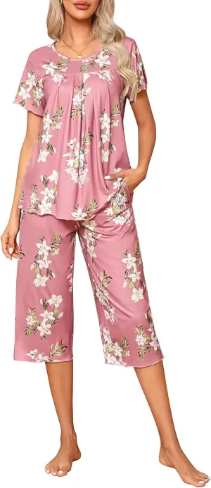 Ekouaer Pajama Set for Women 2 Piece Capri Pants Short Sleeve Top Sleepwear Soft Pjs Loungewear with Pockets S-3XL