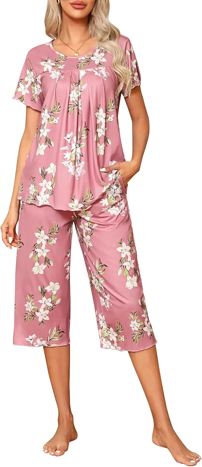 Ekouaer Pajama Set for Women 2 Piece Capri Pants Short Sleeve Top Sleepwear Soft Pjs Loungewear with Pockets S-3XL