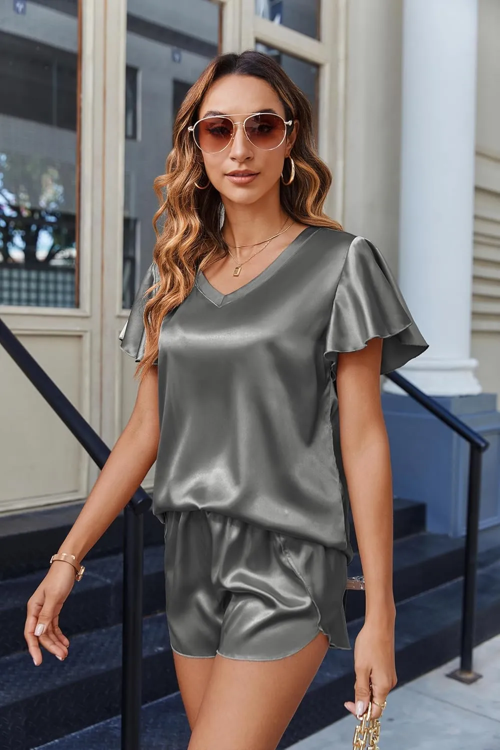 Ekouaer Women Satin Pajamas Set Ruffle Sleeves Silk Pj Set Soft V Neck Sleepwear Loungewear