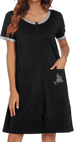 Ekouaer Women Zipper Front House Coat Short Sleeves Robe Zip Up Bathrobes Short Nightgown with Pockets S-3XL