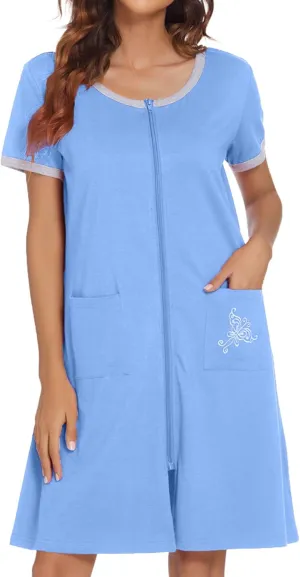 Ekouaer Women Zipper Front House Coat Short Sleeves Robe Zip Up Bathrobes Short Nightgown with Pockets S-3XL