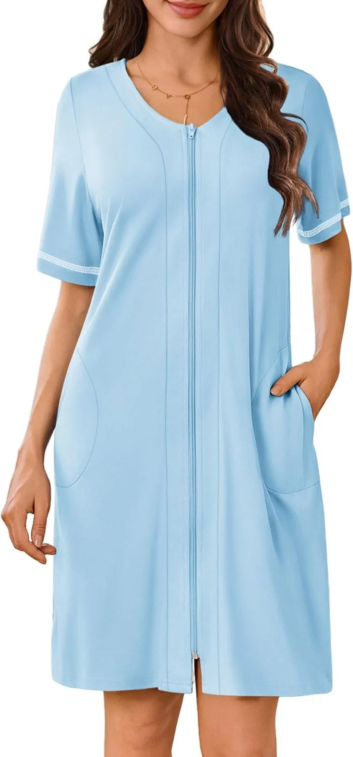 Ekouaer Women Zipper Robes Short Sleeves Housecoat Lightweight Bathrobes Zip Up Robe Casual Nightgown with Pockets S-2XL