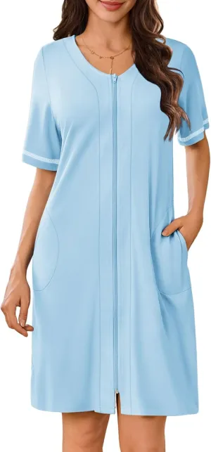 Ekouaer Women Zipper Robes Short Sleeves Housecoat Lightweight Bathrobes Zip Up Robe Casual Nightgown with Pockets S-2XL