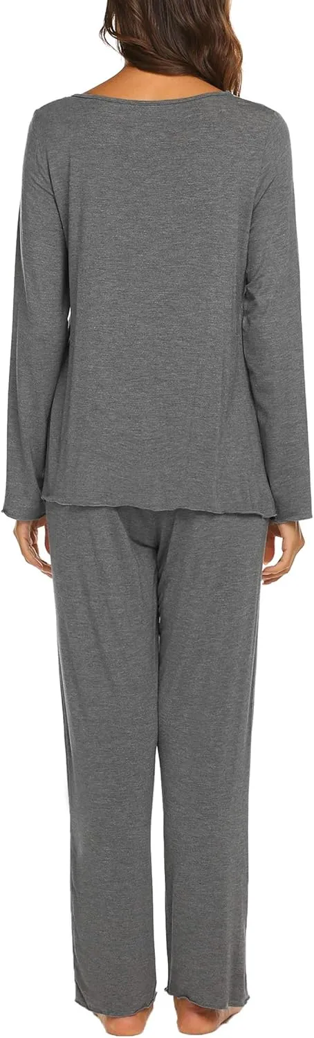 Ekouaer Womens Pajama Sets V Neck Loungewear Long Sleeve Pj Sets 2 Piece Lounge Sets for Women Soft Sleepwear for All Seasons
