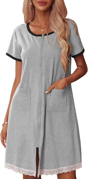 Ekouaer Womens Zipper Front Housecoats Short Sleeve Bathrobes Lace Trim Nightgown with Pockets