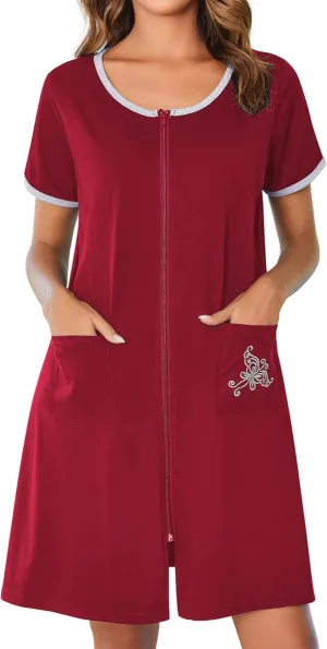Ekouaer Zip Up Robes for Women Short Sleeves Zipper House Coat Short Bathrobes Lightweight Nightgown with Pockets S-3XL