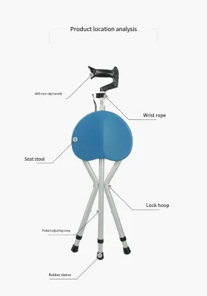 Elderly specific three legged stool, hiking cane, folding cane stool, stable and comfortable seat