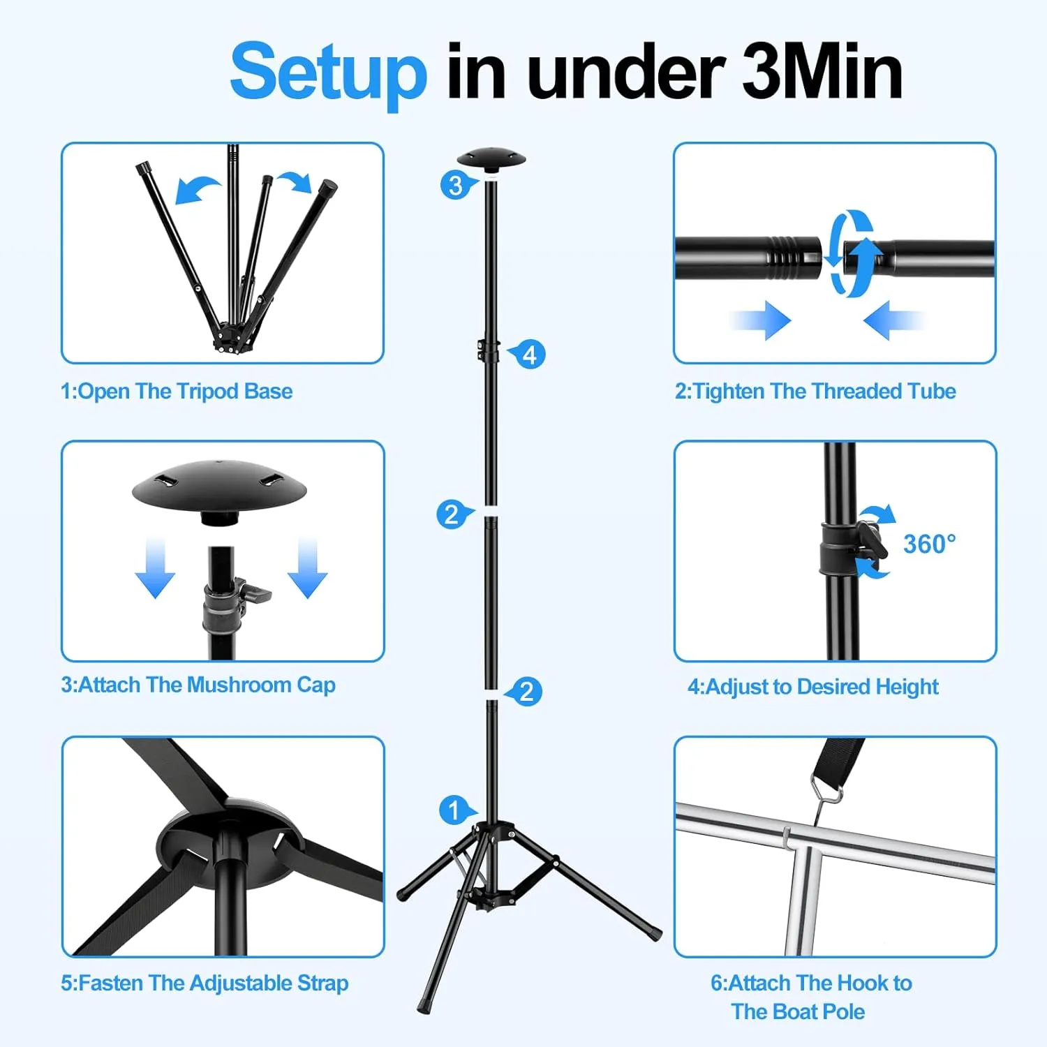 EMART Boat Cover Support Poles System with Metal Tripod Base, Adjustable Pontoon Boat Cover Support Poles with 3 Straps, Storage Bag, to Weatherproof The Canoe, Kayaks, Fishing Boat