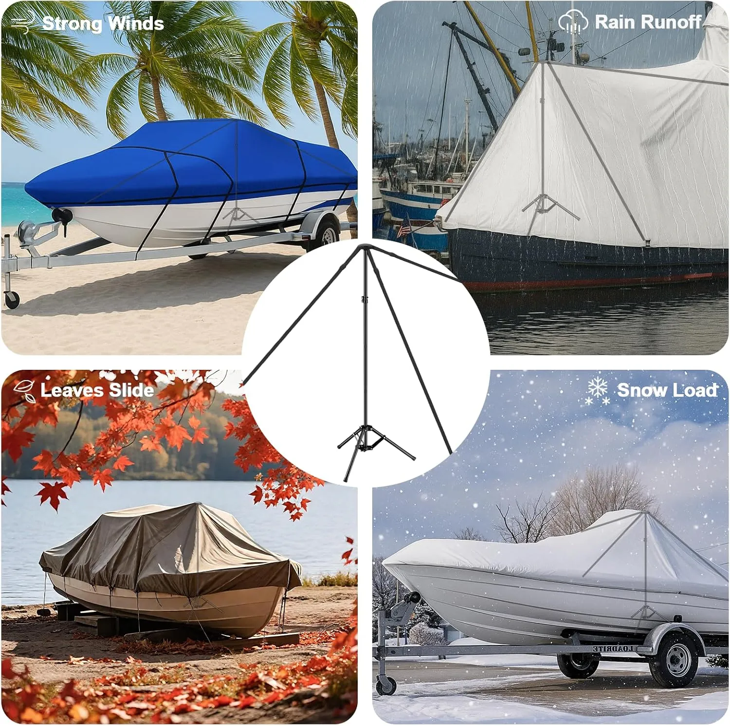 EMART Boat Cover Support Poles System with Metal Tripod Base, Adjustable Pontoon Boat Cover Support Poles with 3 Straps, Storage Bag, to Weatherproof The Canoe, Kayaks, Fishing Boat