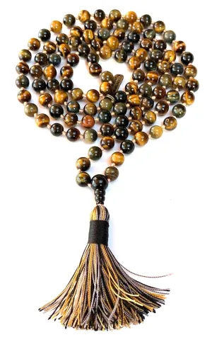 Embrace the Power of Nature with Triple Tiger's Eye Mala Beads Necklace - Gemini & Capricorn Birthstone, Root & Solar Plexus Chakra