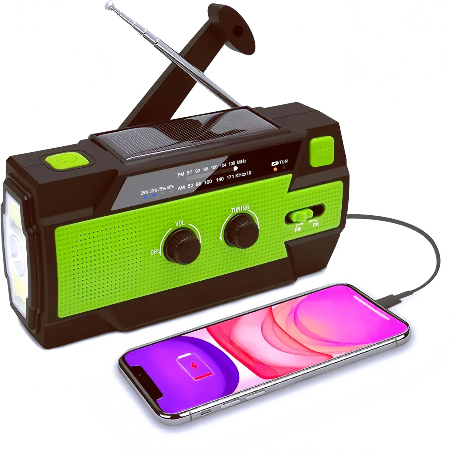 Emergency Solar Hand Crank Portable Weather Radio, with AM/FM/WB, 3 LED Flashlights, Induction Reading Lamp, SOS Alarm, 4000mAH Rechagable Battery USB Charger for Cell Phone-Green