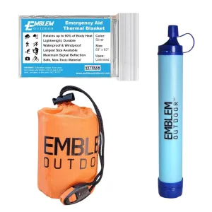 Emergency Survival Essentials Kit with Survival Bag, Mylar Thermal Space Blanket, and Personal Water Filtration Straw
