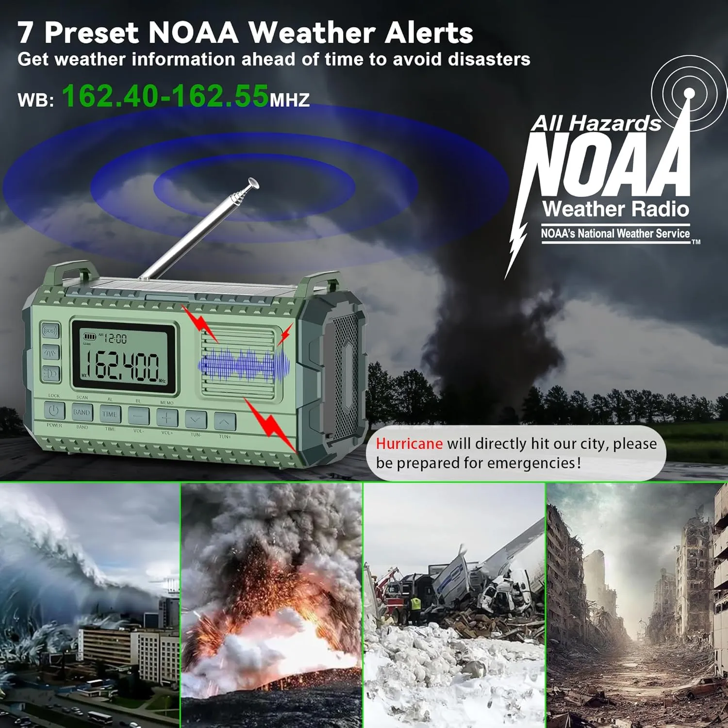 Emergency Weather Radio - AM/FM/NOAA Hand Crank Radio with 15W Fast Charge, 39800mAh Portable Solar Power Bank, Multi-Function Flashlight & SOS Alarm for Outdoor Indoor Emergencies (Green)