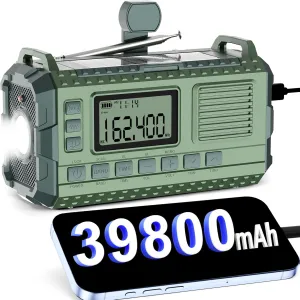 Emergency Weather Radio - AM/FM/NOAA Hand Crank Radio with 15W Fast Charge, 39800mAh Portable Solar Power Bank, Multi-Function Flashlight & SOS Alarm for Outdoor Indoor Emergencies (Green)