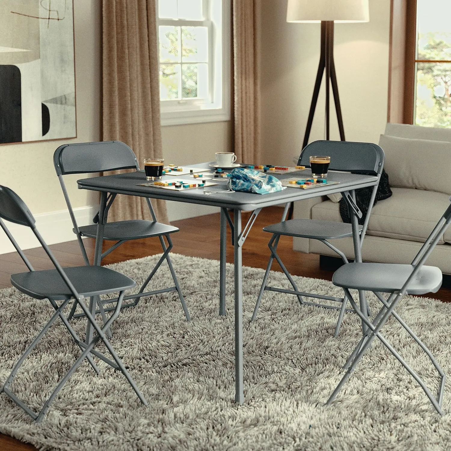 EMMA   OLIVER Gray Foldable Card Table with Vinyl Table Top - Game Table - Portable Table