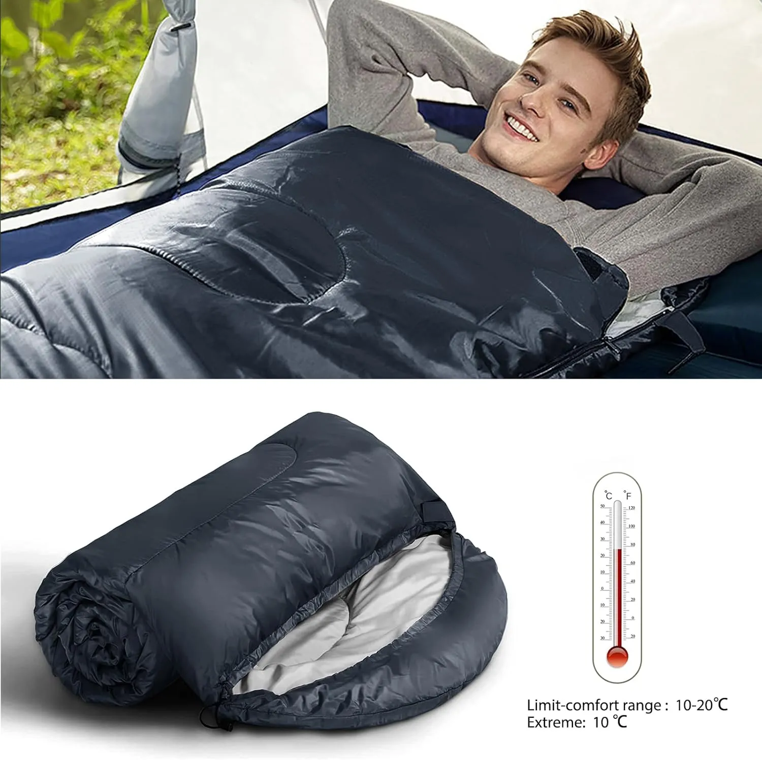 Envelope Camping Sleeping Bag 3 Seasons Warm & Cool Weather, Lightweight, Waterproof, Portable for Adults & Kids - Camping Gear Equipment Hiking Travel, Indoors and Outdoors