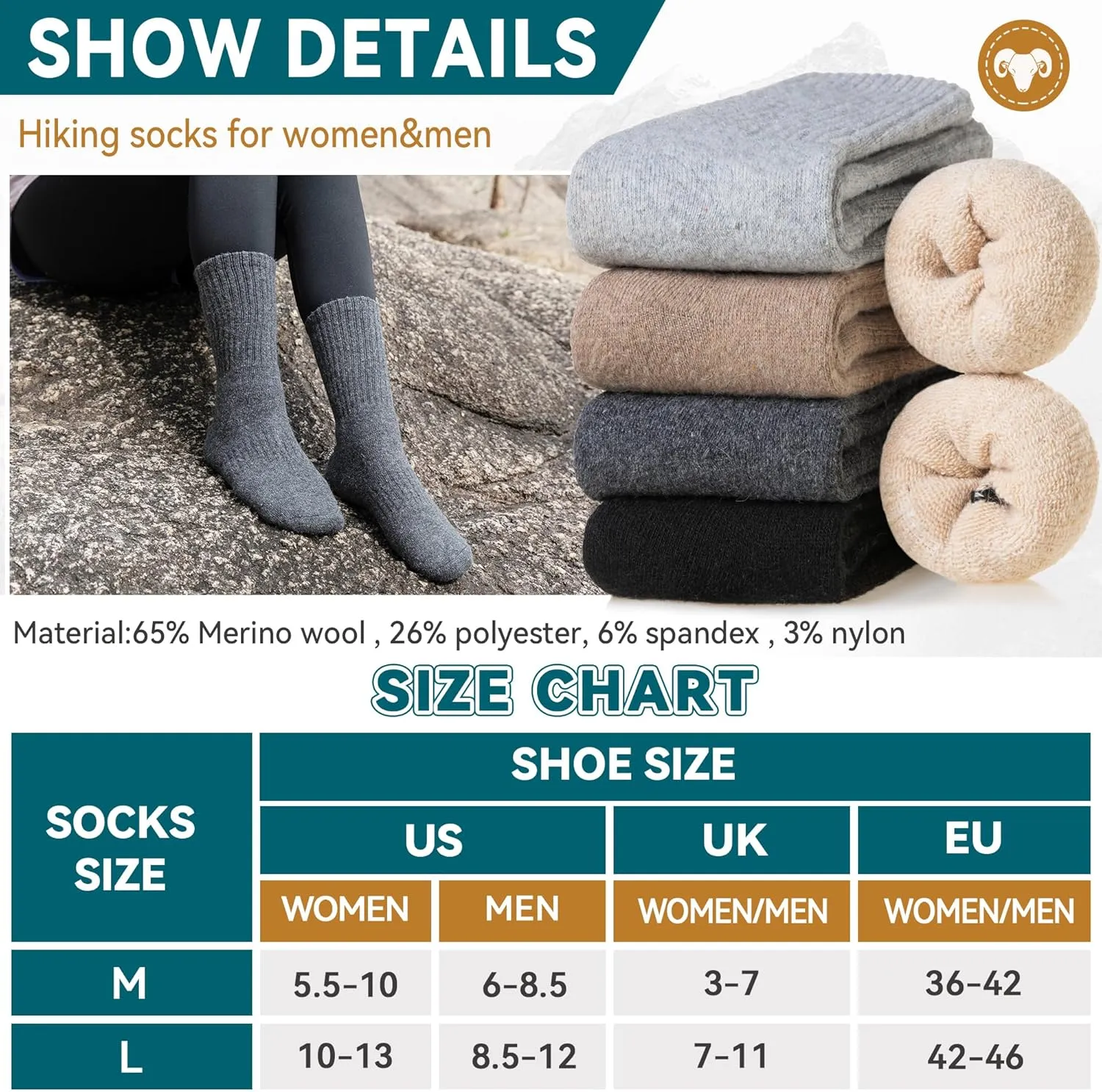 Eocom Merino Wool Hiking Socks for Women & Men Thermal Winter Warm Thick Cushion Crew Work Boot Socks 5 Pairs
