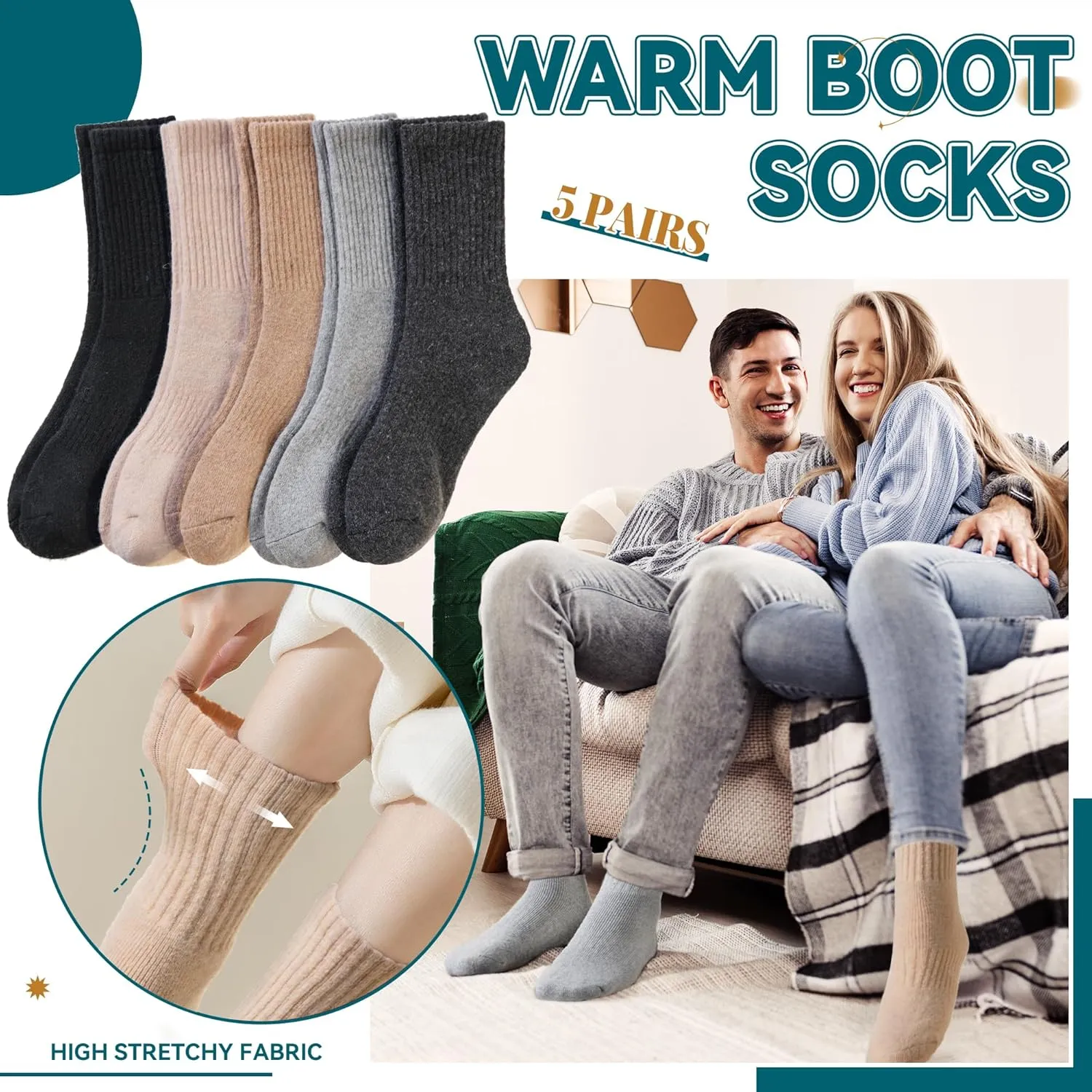 Eocom Merino Wool Hiking Socks for Women & Men Thermal Winter Warm Thick Cushion Crew Work Boot Socks 5 Pairs