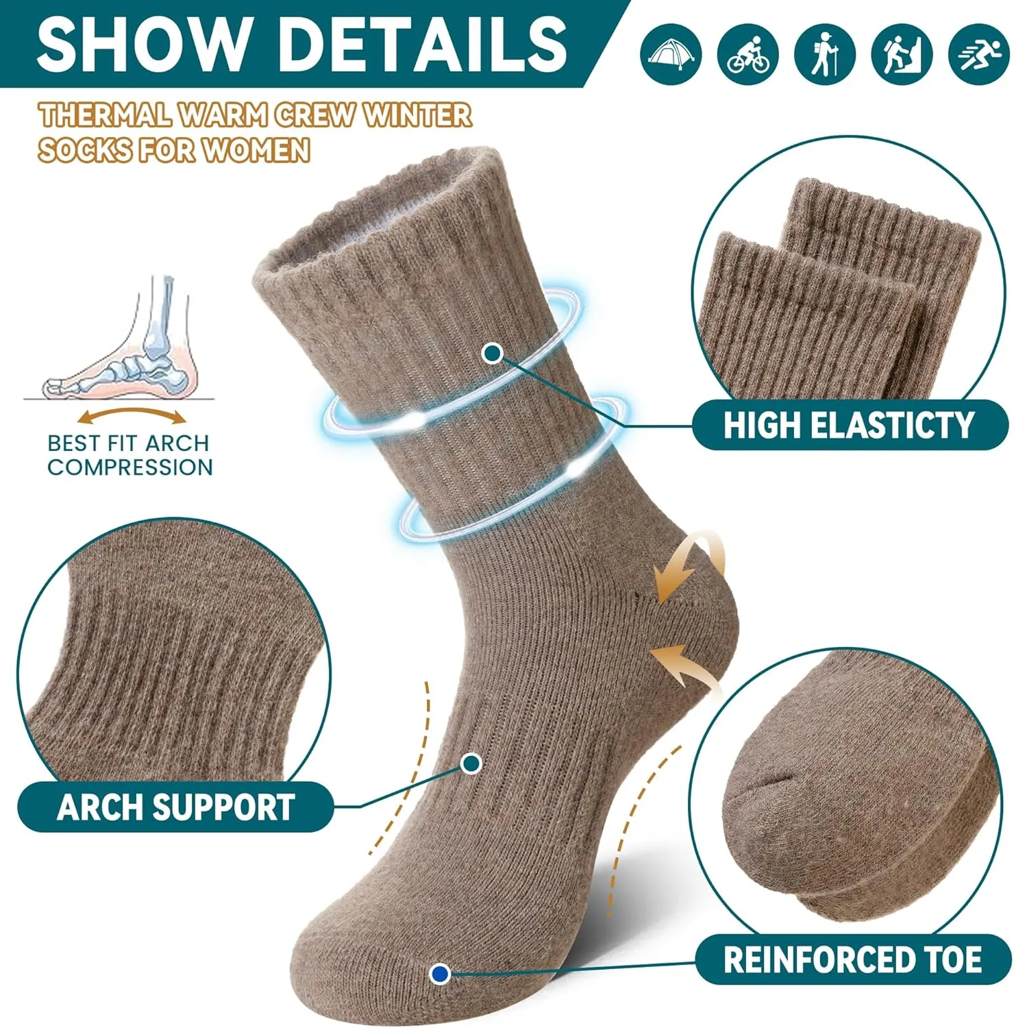 Eocom Merino Wool Hiking Socks for Women & Men Thermal Winter Warm Thick Cushion Crew Work Boot Socks 5 Pairs