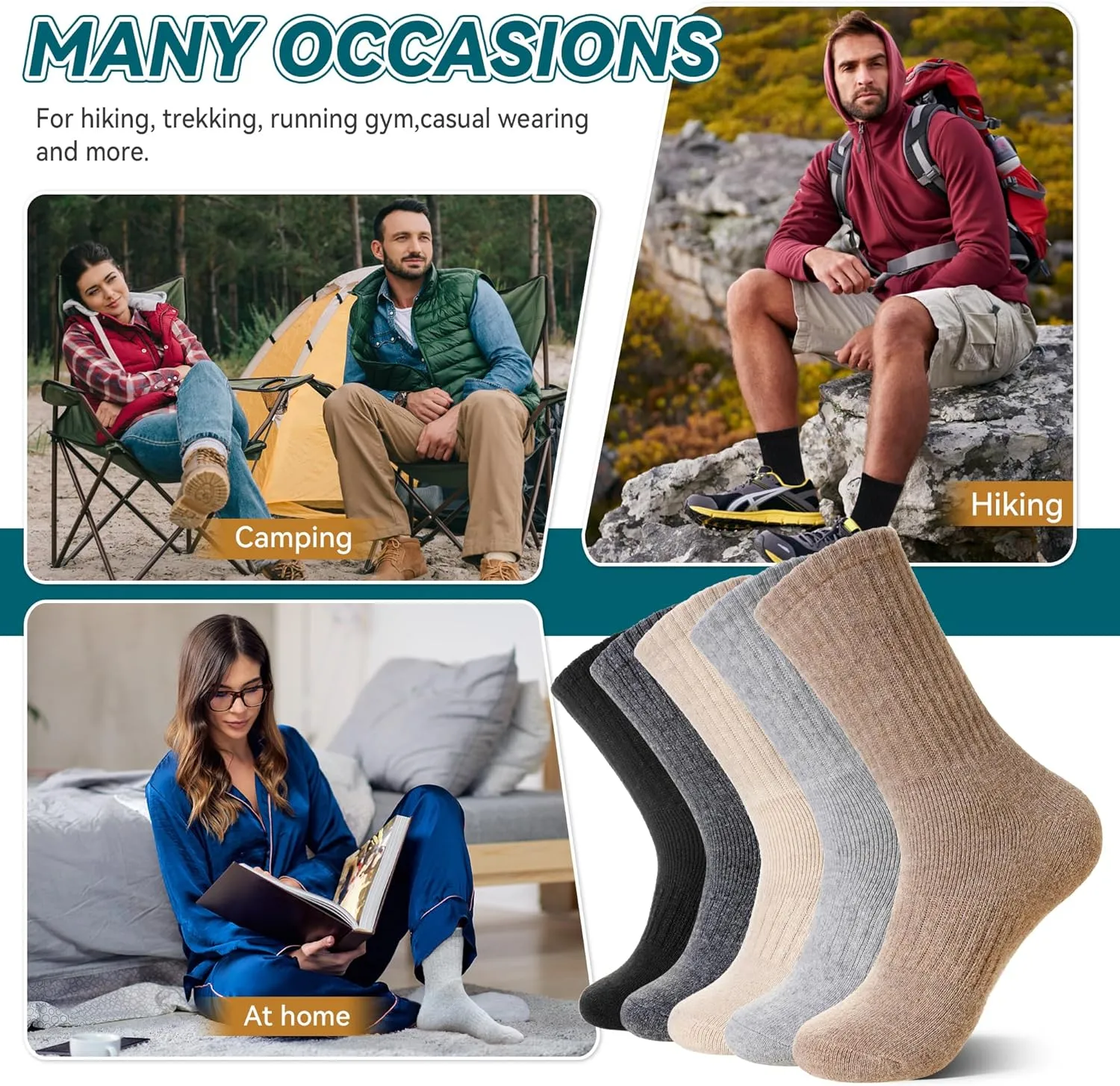 Eocom Merino Wool Hiking Socks for Women & Men Thermal Winter Warm Thick Cushion Crew Work Boot Socks 5 Pairs