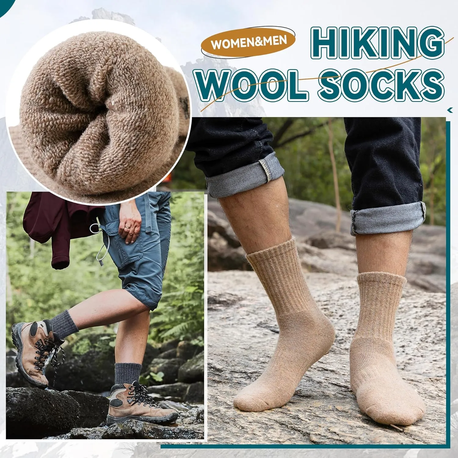 Eocom Merino Wool Hiking Socks for Women & Men Thermal Winter Warm Thick Cushion Crew Work Boot Socks 5 Pairs