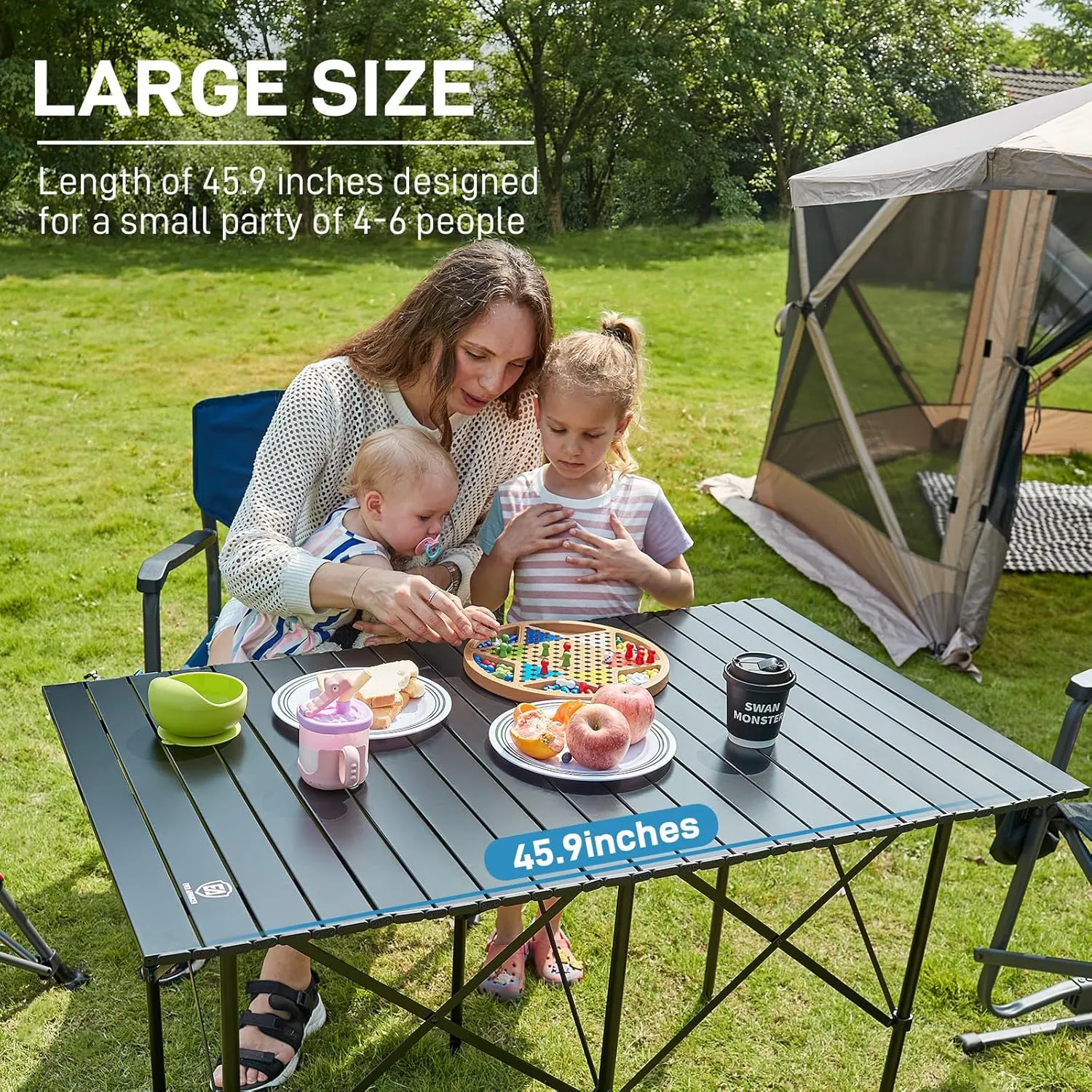 EVER ADVANCED Camping Table, Fold up Lightweight, 4-6 Person Portable Roll up Aluminum Table with Carry Bag for Outdoor, Support Up to 110LBS, Black