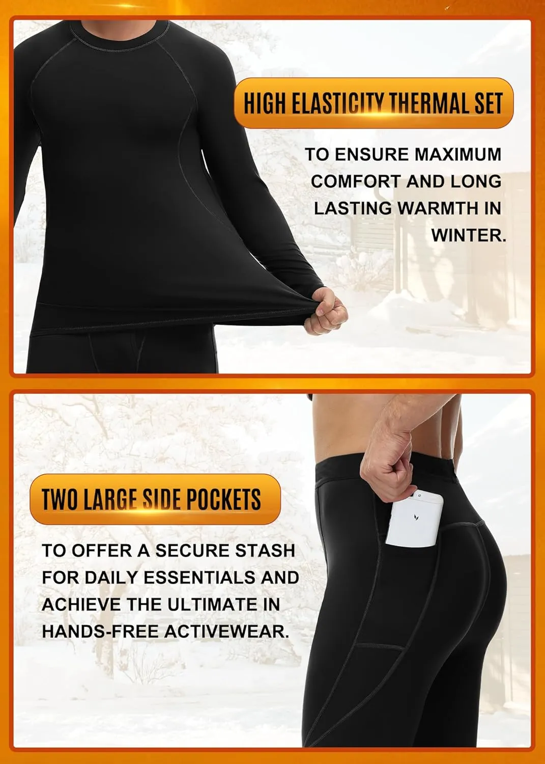 Ewedoos Long Johns for Men Comfortable Fit Mens Thermal Underwear Fleece Lined Top and Bottom Set with Pockets for Winter