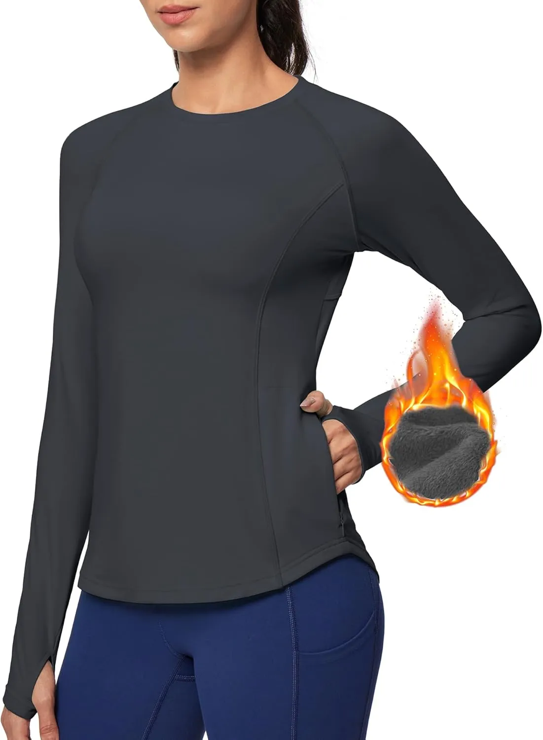 Ewedoos Thermal Shirts for Women Zipper Pocket Fleece Lined Long Sleeve Workout Tops Compression Running Hiking Ski Gear