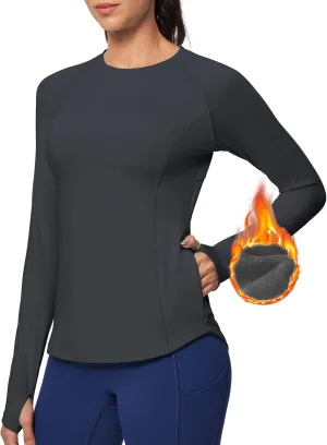 Ewedoos Thermal Shirts for Women Zipper Pocket Fleece Lined Long Sleeve Workout Tops Compression Running Hiking Ski Gear