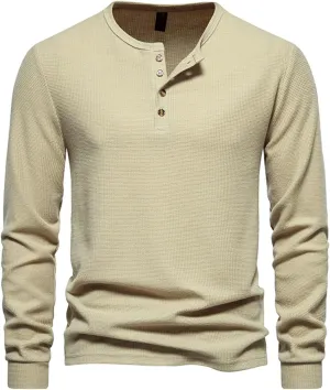 Fall Tops for Men 2024 Waffle Knit Shirts Button Down Crewneck T-shirt Long Sleeve Solid Tee Lightweight Comfy Blouse