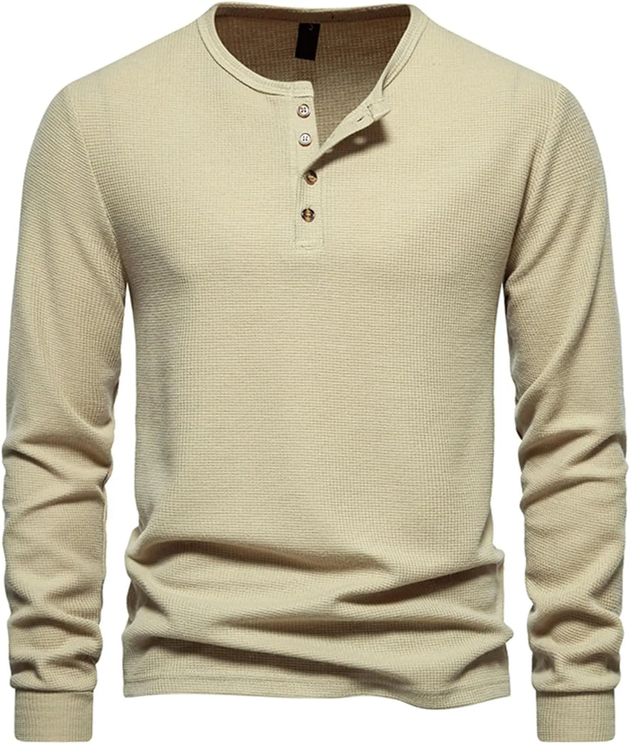 Fall Tops for Men 2024 Waffle Knit Shirts Button Down Crewneck T-shirt Long Sleeve Solid Tee Lightweight Comfy Blouse