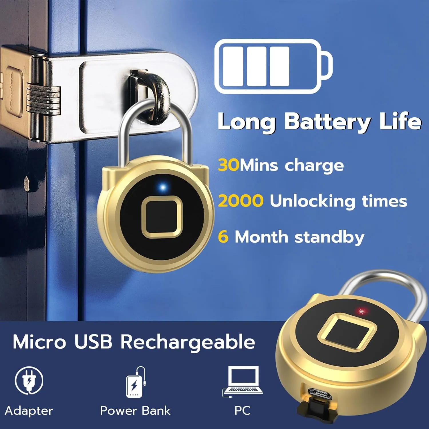 Fingerprint Padlock, Dhiedas Padlock with Fingerprint Bluetooth, Waterproof Small Padlocks, USB Charging for Gym Locker, School, Luggage, Fence, Hasp Cabinet Gold