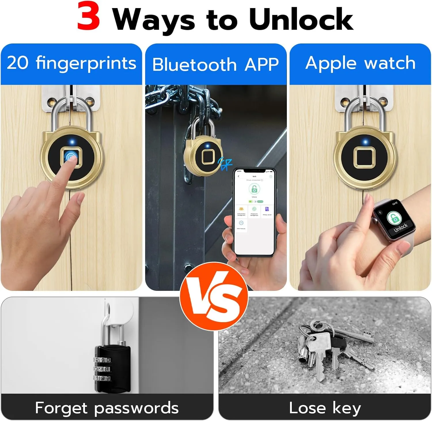 Fingerprint Padlock, Dhiedas Padlock with Fingerprint Bluetooth, Waterproof Small Padlocks, USB Charging for Gym Locker, School, Luggage, Fence, Hasp Cabinet Gold