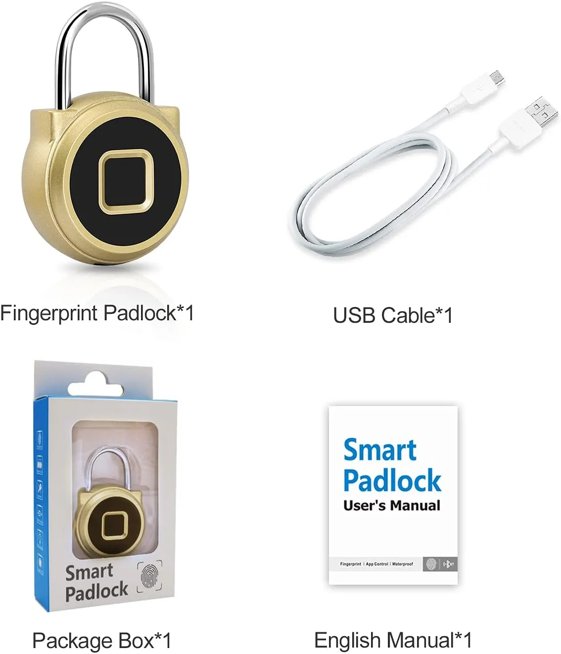 Fingerprint Padlock, Dhiedas Padlock with Fingerprint Bluetooth, Waterproof Small Padlocks, USB Charging for Gym Locker, School, Luggage, Fence, Hasp Cabinet Gold