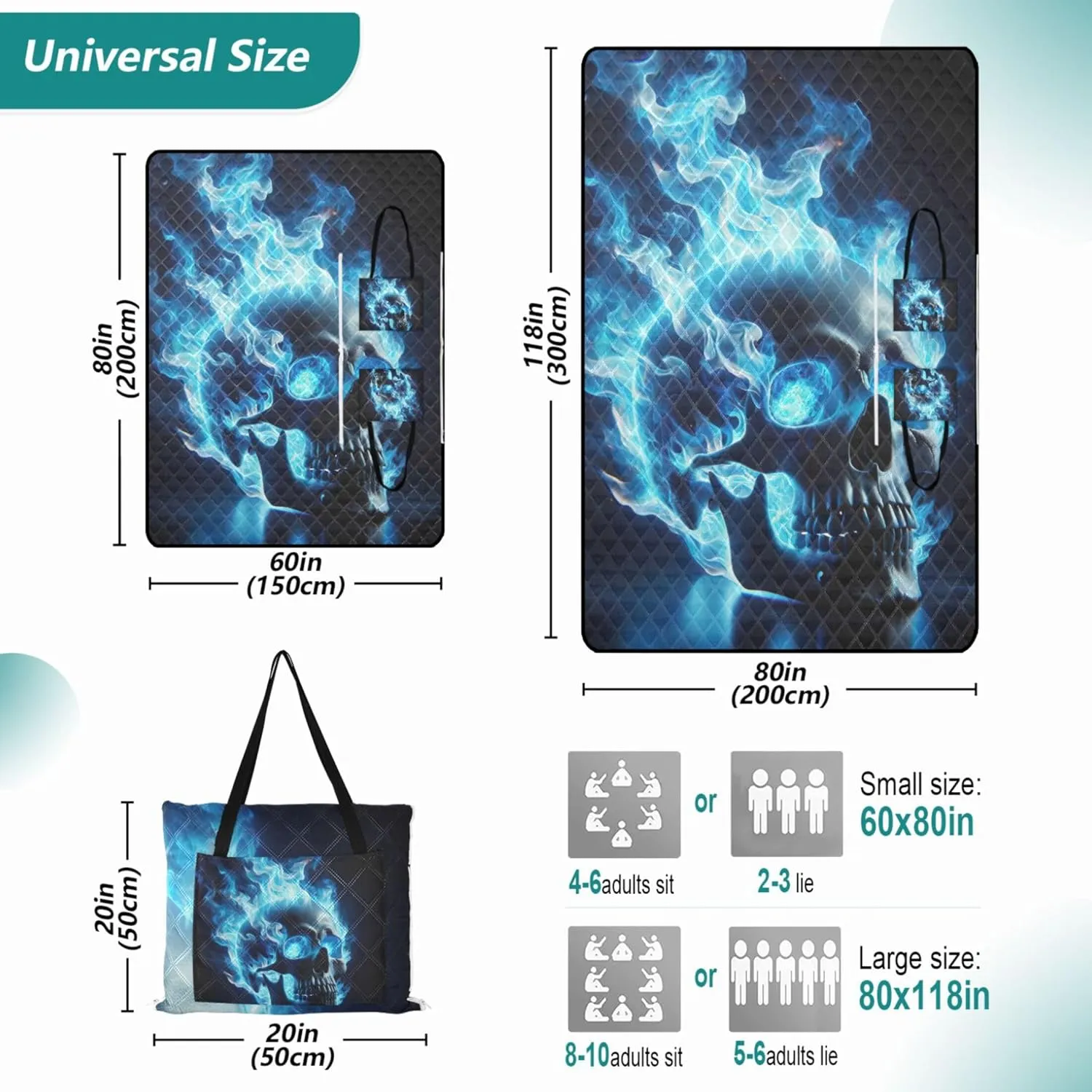 Fire Skull Beach Mat Sand Free Waterproof, Print Outdoor Mat for Camping Foldable Picnic Blanket Cute, 80" x 60"
