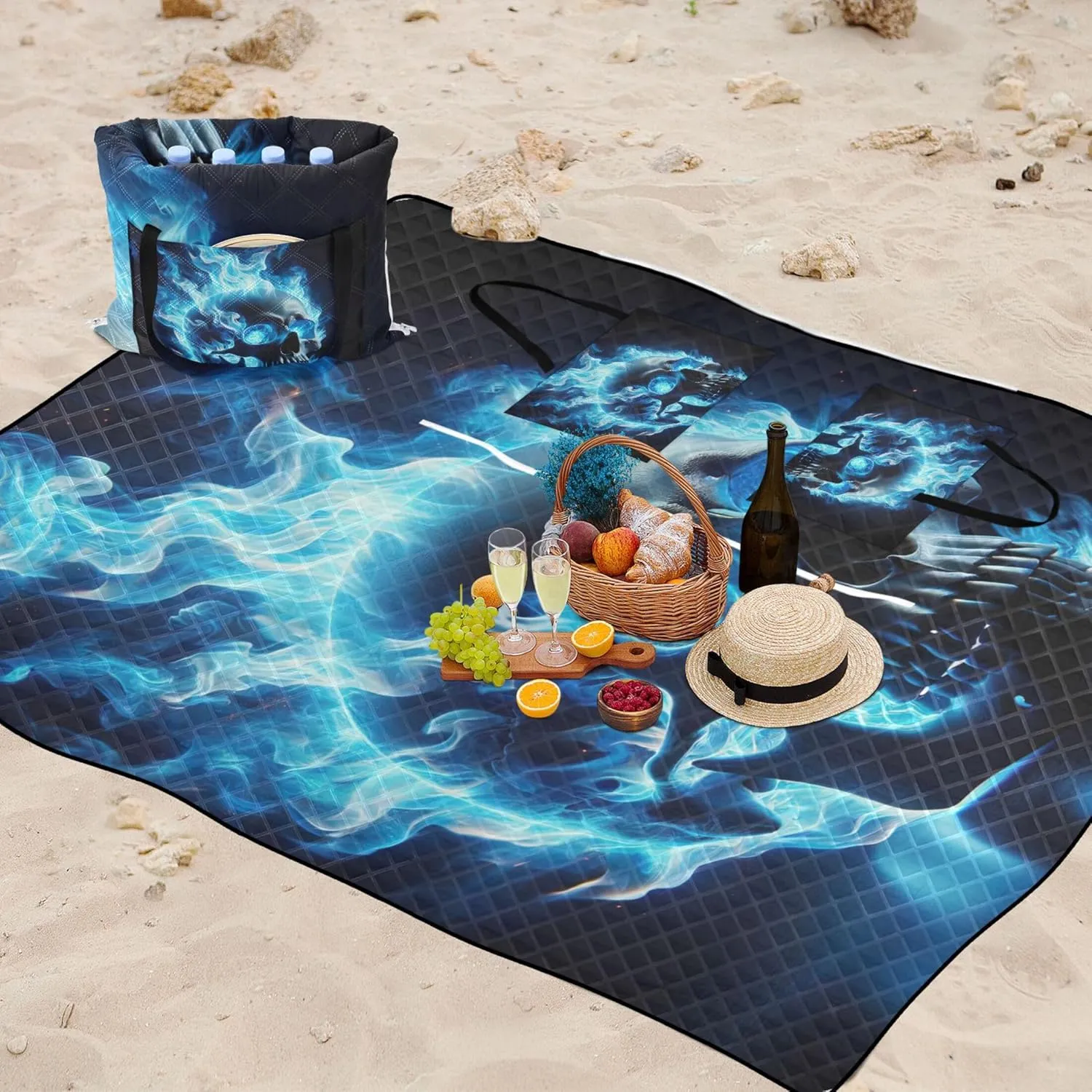 Fire Skull Beach Mat Sand Free Waterproof, Print Outdoor Mat for Camping Foldable Picnic Blanket Cute, 80" x 60"