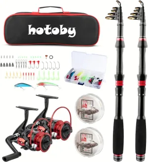 Fishing Rod and Reel Combos, 2PCS 2.1m/6.89ft Fishing Pole Combo Set, Carbon Fiber Telescopic Fishing Rod Kit with Spinning Reels, Fishing Line, Lures, Hooks and Carrier Bag for Youth Adults Beginner