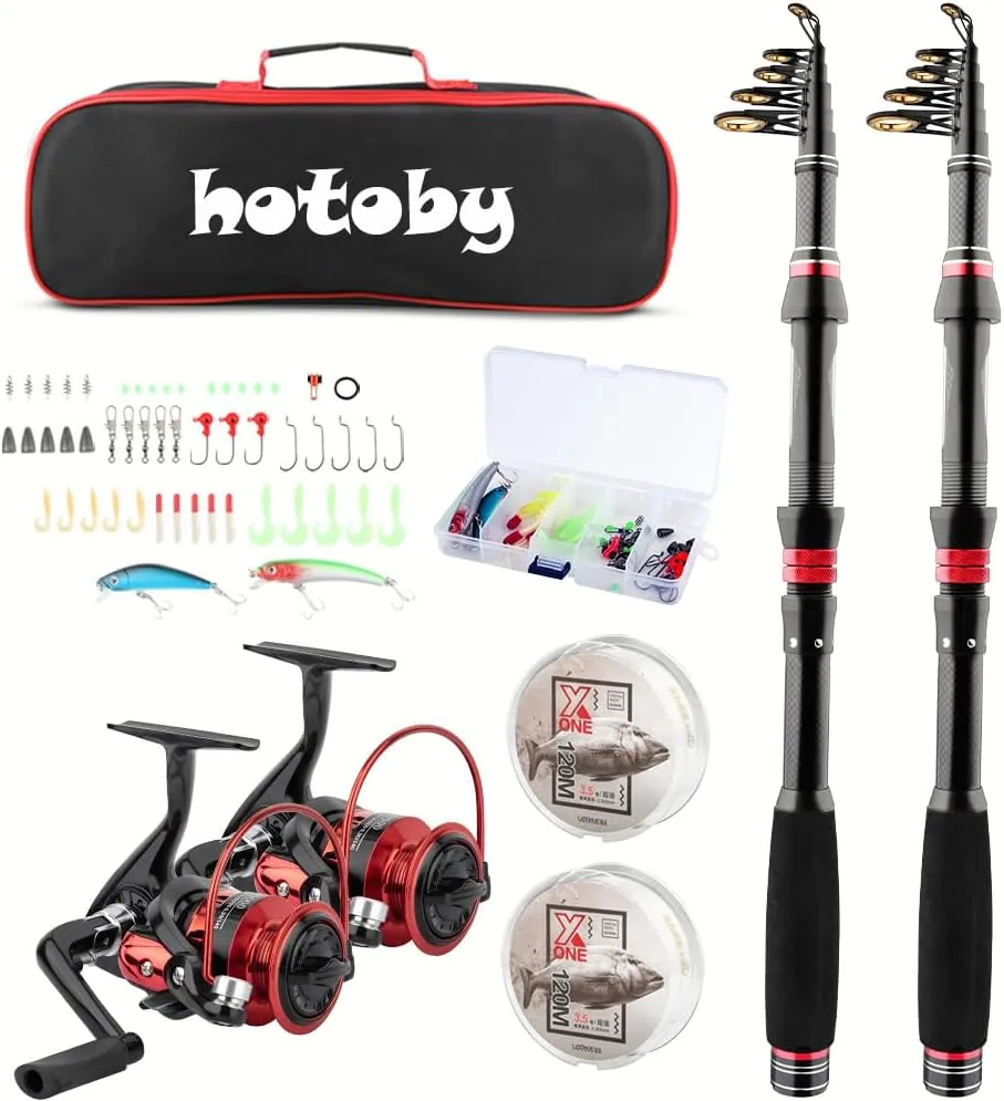 Fishing Rod and Reel Combos, 2PCS 2.1m/6.89ft Fishing Pole Combo Set, Carbon Fiber Telescopic Fishing Rod Kit with Spinning Reels, Fishing Line, Lures, Hooks and Carrier Bag for Youth Adults Beginner