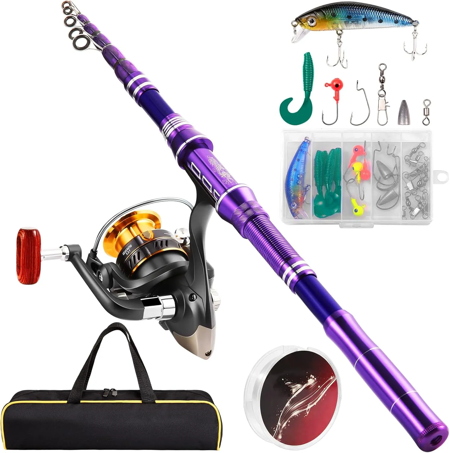 Fishing Rod and Reel Combos, Carbon Fiber Telescopic Fishing Pole Kit with Spinning Reel, Fishing Line, Fishing Lures, Travel Bag for Beginner Saltwater Freshwater Fishing