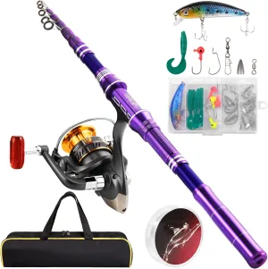 Fishing Rod and Reel Combos, Carbon Fiber Telescopic Fishing Pole Kit with Spinning Reel, Fishing Line, Fishing Lures, Travel Bag for Beginner Saltwater Freshwater Fishing