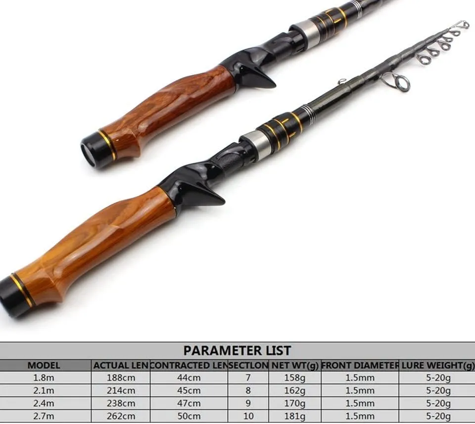 Fishing Rod Carbon Fiber Casting Rod Travel Lure Trout Telescopic Fishing Rod Lure Weight Carp Wooden Handle Pole Fishing Pole Kit(2.4 m)