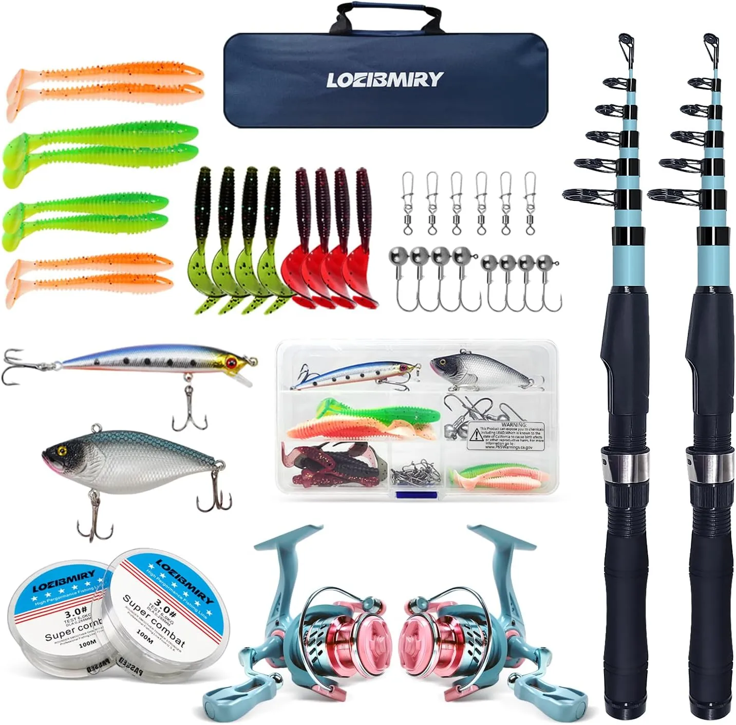 Fishing Rod Reel Combos, 2PCS 2.1m/6.89ft Collapsible Fishing Rods   2PCS Spinning Reels   Fishing Lines Fishing Lures Carrier Bag, Telescopic Fishing Pole Set Sea Saltwater Freshwater Kit