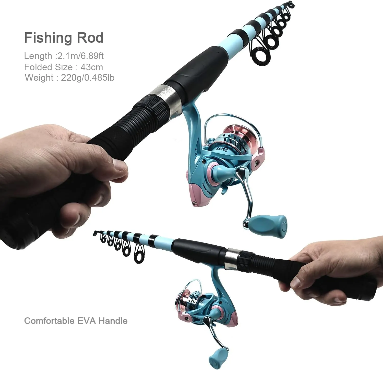 Fishing Rod Reel Combos, 2PCS 2.1m/6.89ft Collapsible Fishing Rods   2PCS Spinning Reels   Fishing Lines Fishing Lures Carrier Bag, Telescopic Fishing Pole Set Sea Saltwater Freshwater Kit