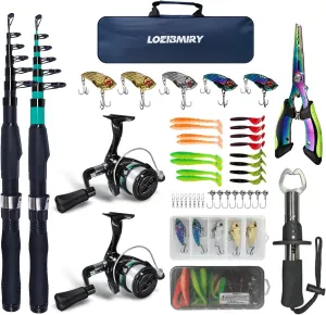 Fishing Rod Reel Set, 2PCS 2.1m/6.89ft Collapsible Fishing Rods   2PCS Spinning Reels   Fishing Lures Hooks   Carrier Bag   Fishing Pliers Fish Lip Gripper for Travel Saltwater Freshwater Beginner