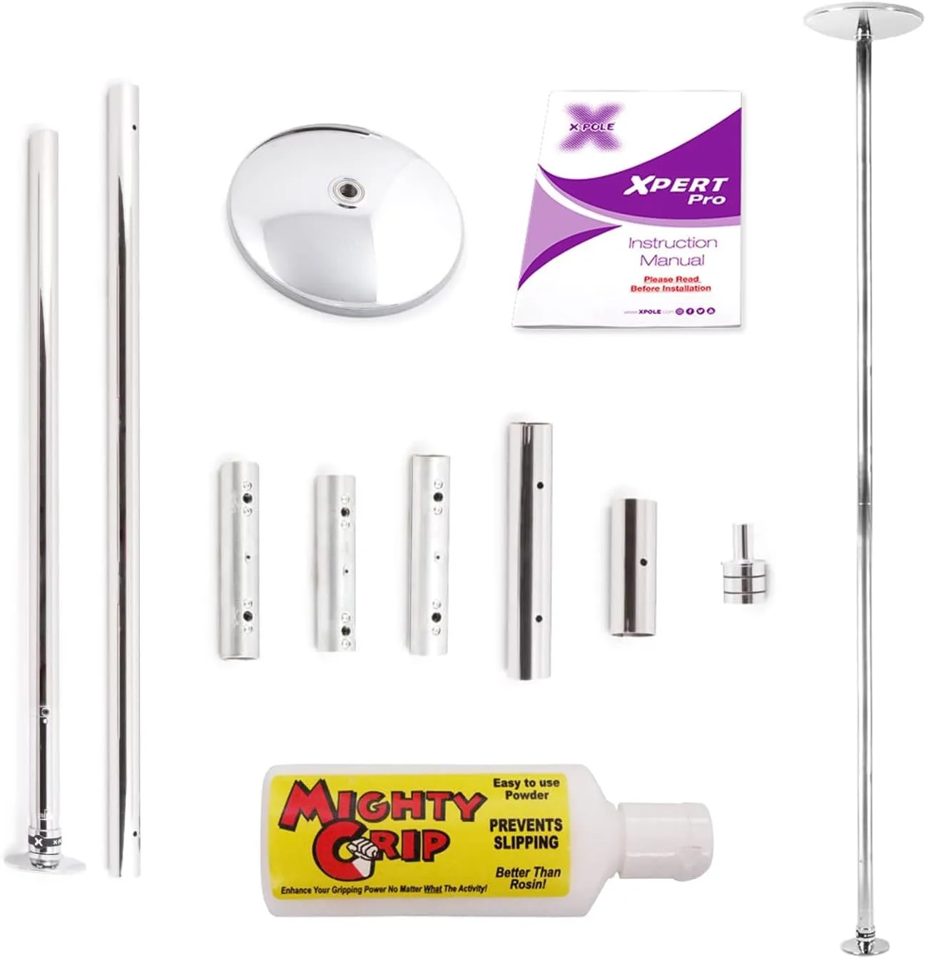 Fitness & Dance Pole for Home - Spinning & Static, Portable & Adjustable - 45mm Chrome (XPERT PRO) [DVD   Grip Powder   Access to TV Membership]