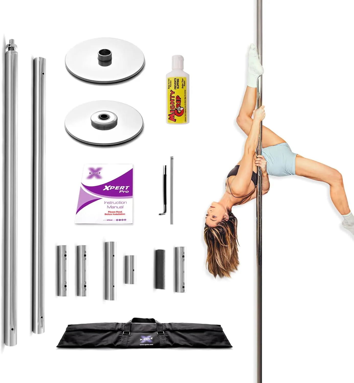 Fitness & Dance Pole for Home, Static (Non-Spinning), Portable & Adjustable - 45mm Chrome (Sport) [DVD   Grip Powder   Access to TV Membership]