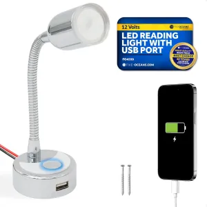 Five Oceans RV LED Reading Light with USB Charging Port, 12V Warm White, Touch On-Off Switch, Flexible Interior Lighting for RV, Boat, Camper - FO4599