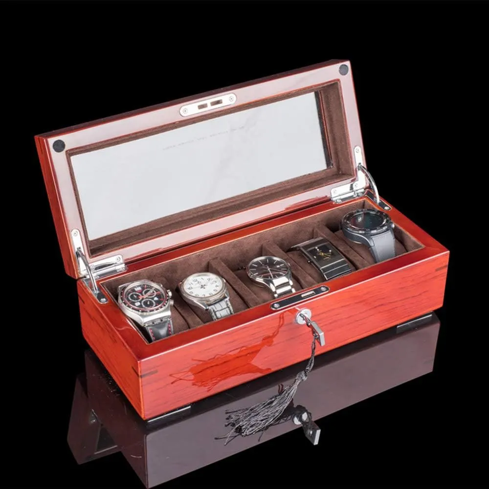 Five-Position Wooden Mechanical Watch Jewelry Storage Box Made of Pure Solid Wood Glass sunroof with Lock Removable Table Pillow (Leather Yellow Interior/Dark Brown Interior)